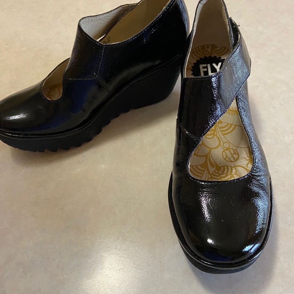 FLY London New Black Patent Leather "Mary Jane" Style Wedge, EU 36, 5.5